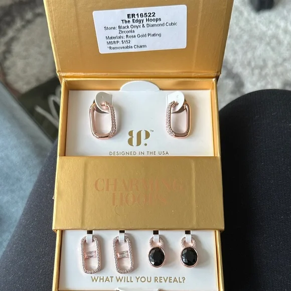 BP Rose Gold Plated Hoops with Black Onyx and Diamond Cubic Zirconia - Picture 7 of 7